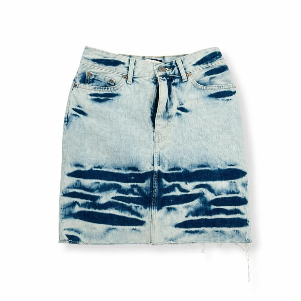 Acid wash denim mini skirt, raw hem, light blue - white studio shot, second-hand at Why Go Less, Dekwaneh, Lebanon