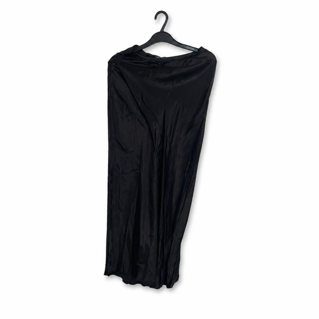 Zara black satin wide-leg palazzo trousers - white studio shot, second-hand at Why Go Less, Dekwaneh, Lebanon