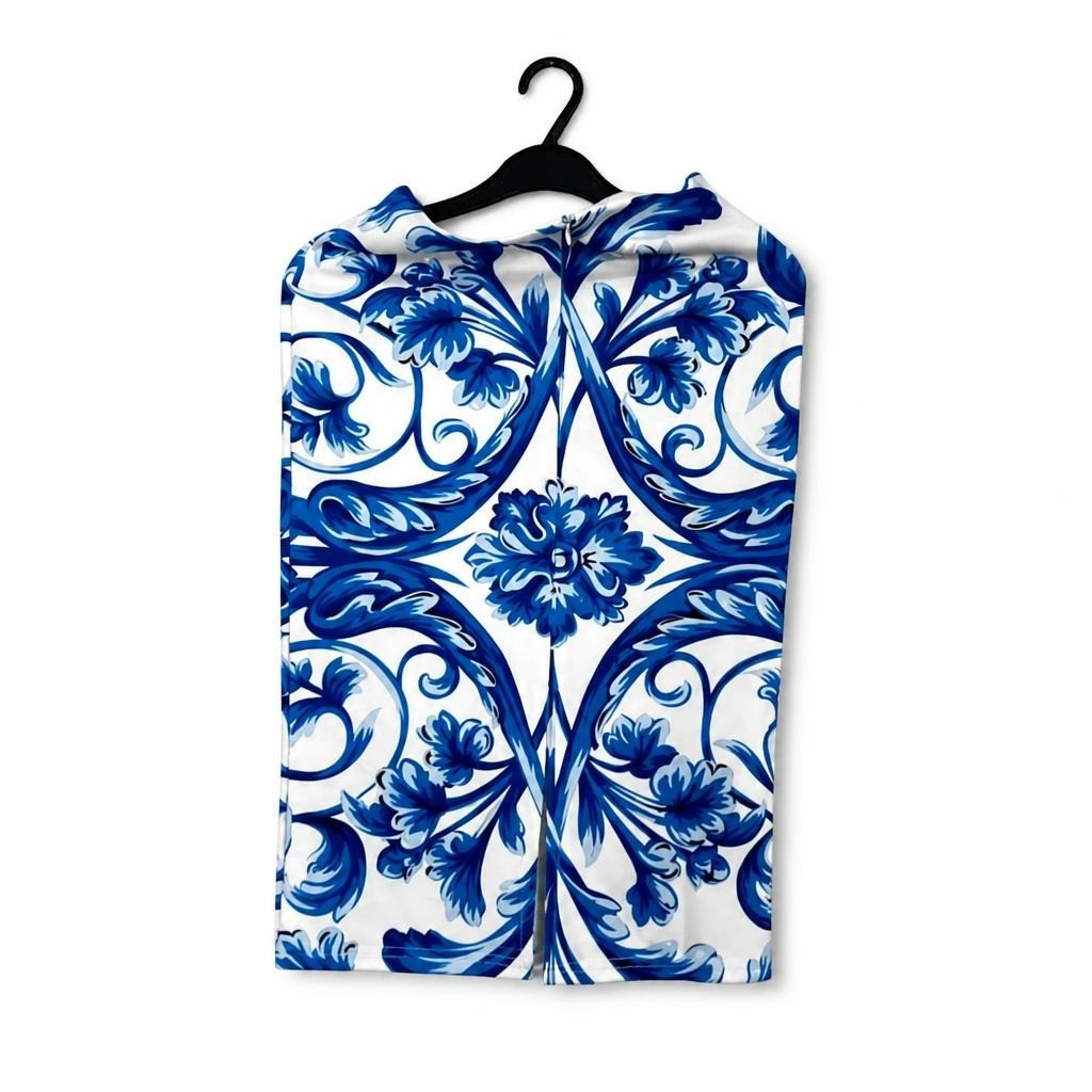 Blue & white Majolica floral print pencil skirt - white studio shot, second-hand at Why Go Less, Dekwaneh, Lebanon
