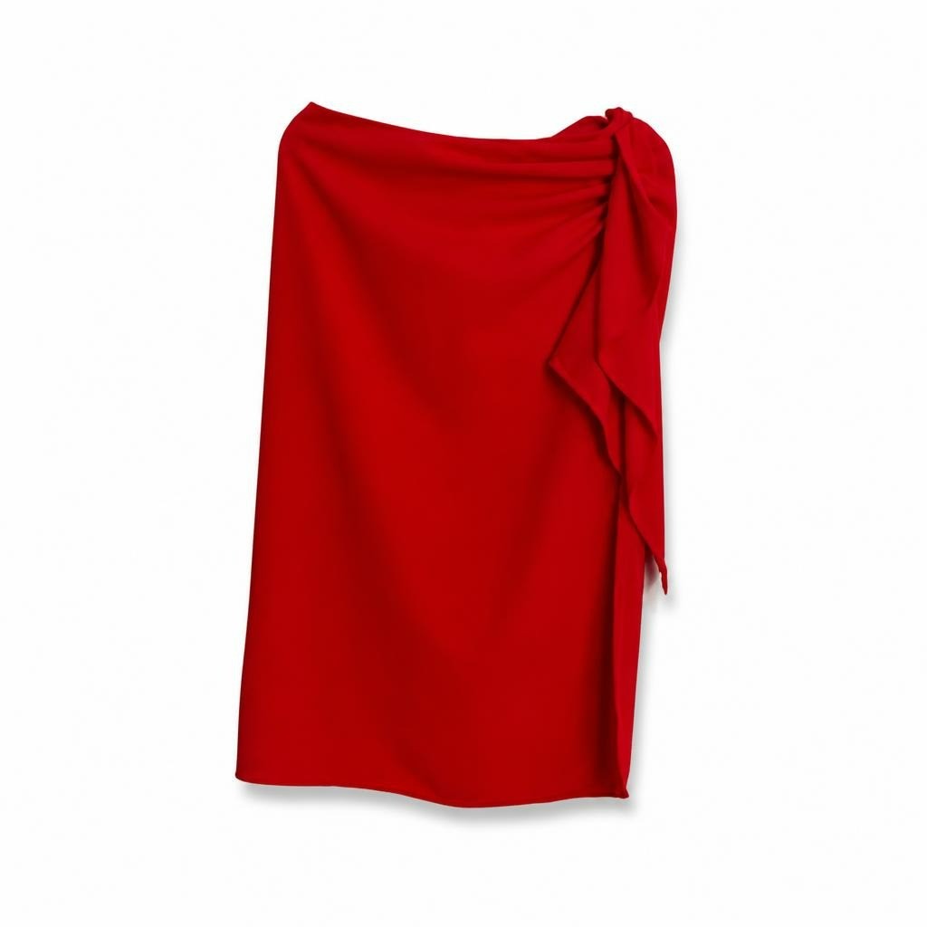 Red ruffle side midi skirt, draped waist detail - white studio shot, second-hand at Why Go Less, Dekwaneh, Lebanon