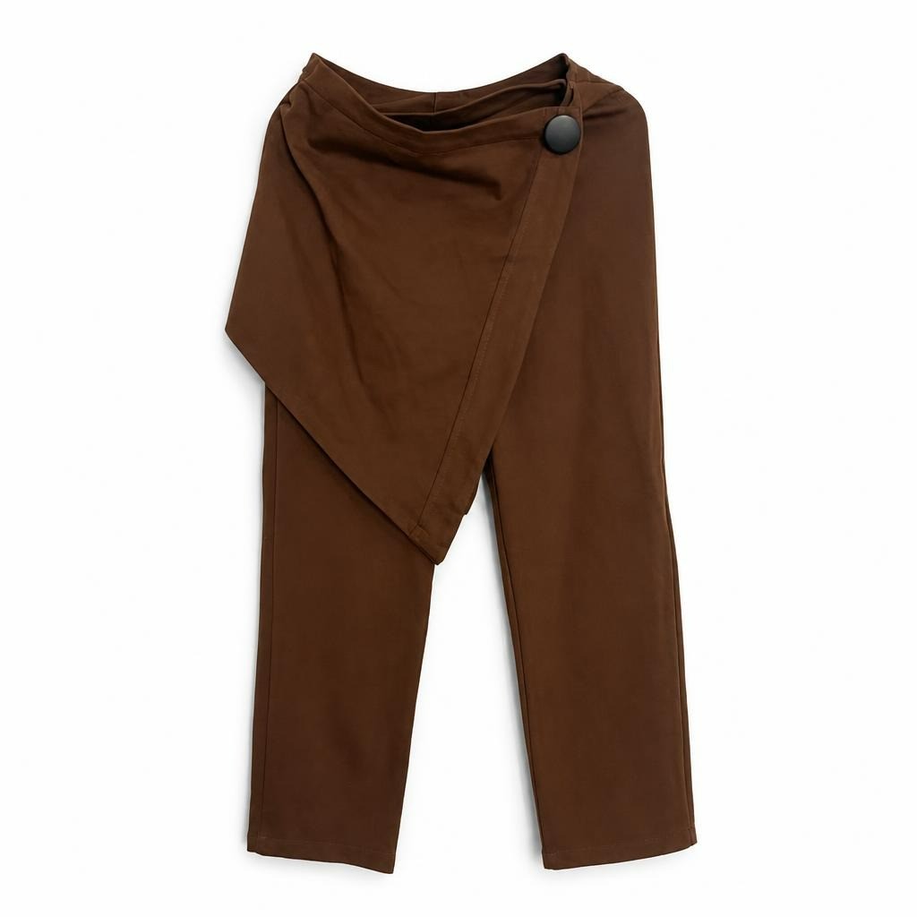 Brown wrap-style wide-leg pants with button - white studio shot, second-hand at Why Go Less, Dekwaneh, Lebanon