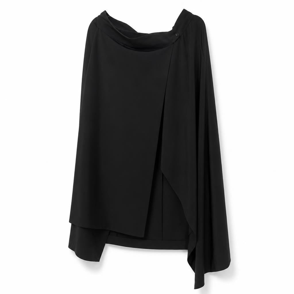 Black draped asymmetric cape-style top/cover-up - white studio shot, second-hand at Why Go Less, Dekwaneh, Lebanon
