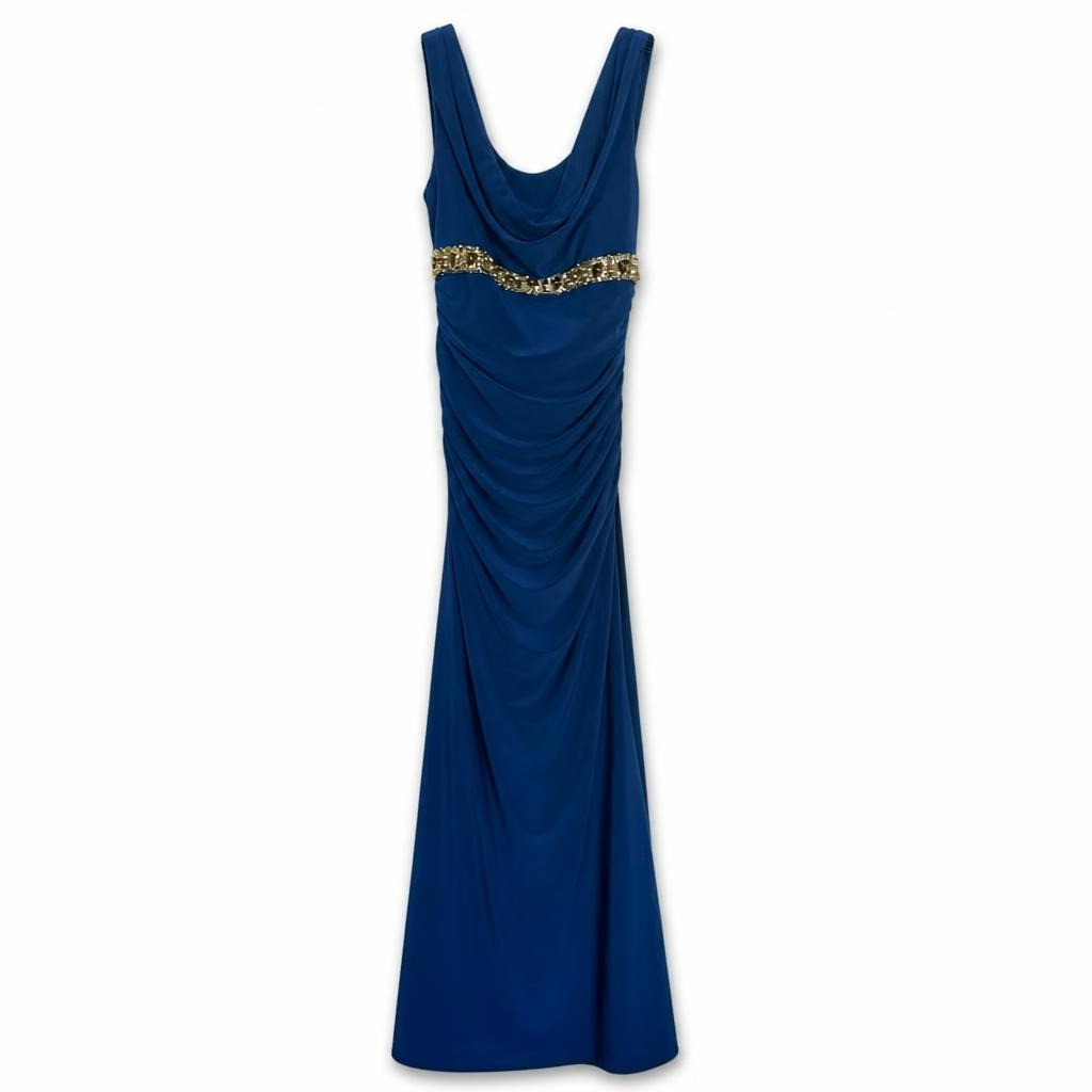Royal blue beaded waist sleeveless evening gown - white studio shot, second-hand at Why Go Less, Dekwaneh, Lebanon