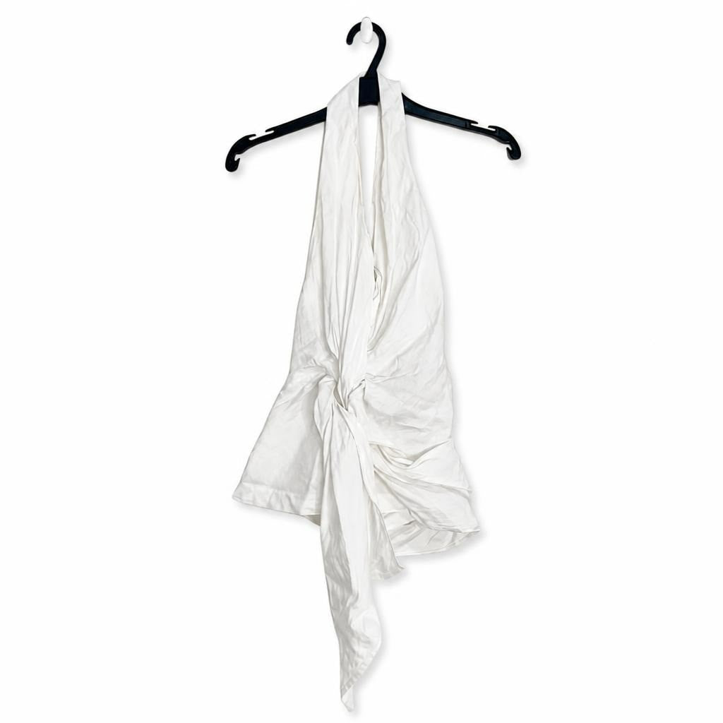 White halter-neck twisted tie-front crop top - white studio shot, second-hand at Why Go Less, Dekwaneh, Lebanon