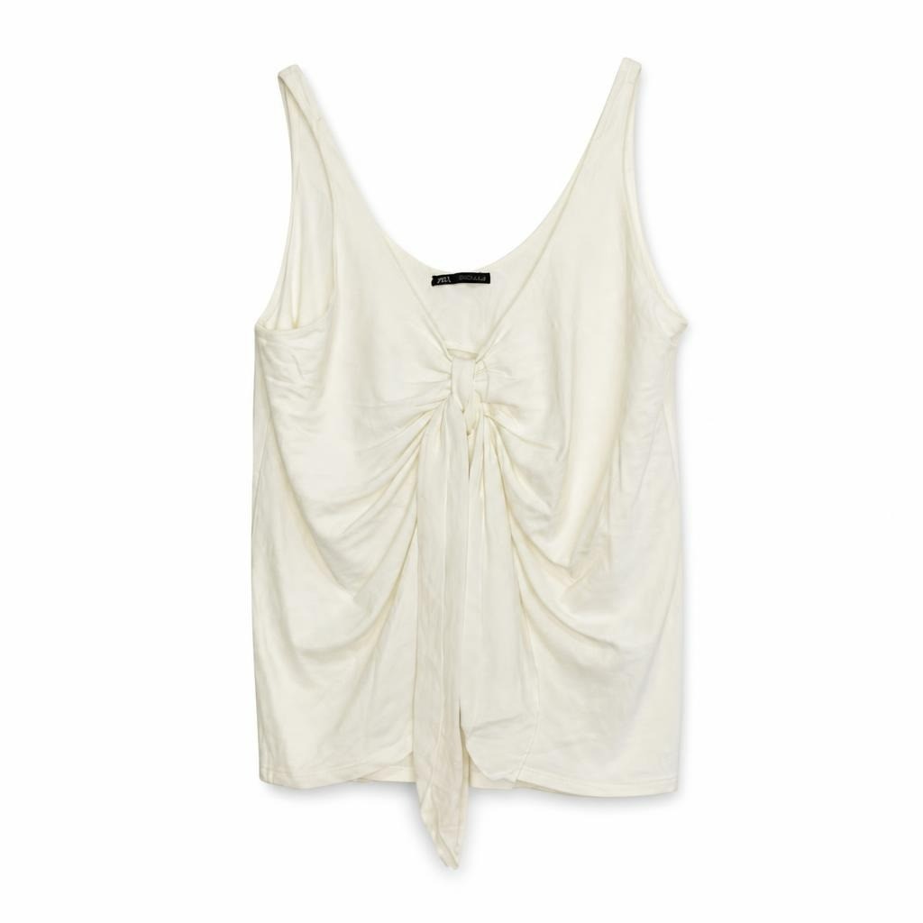 Zara white tie-front ruched sleeveless tank top - white studio shot, second-hand at Why Go Less, Dekwaneh, Lebanon
