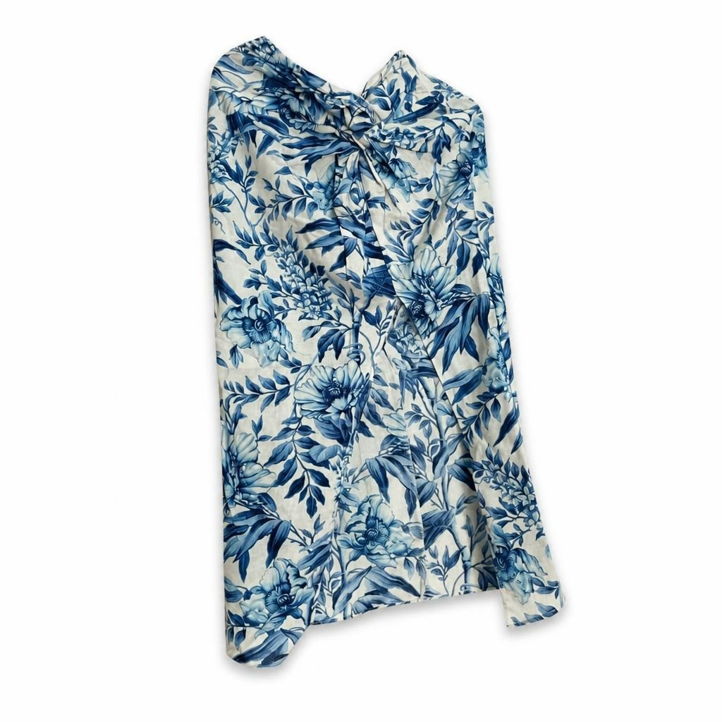 Blue & white floral print long sleeve blouse - white studio shot, second-hand at Why Go Less, Dekwaneh, Lebanon