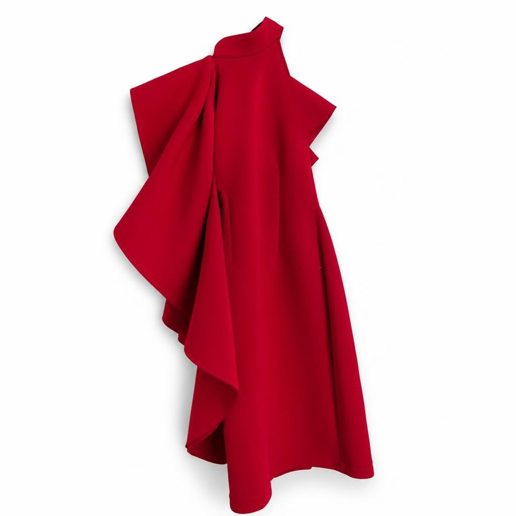 Red one-shoulder ruffle mini dress - white studio shot, second-hand at Why Go Less, Dekwaneh, Lebanon