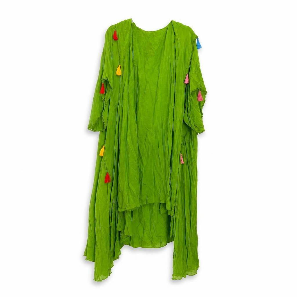 Lime green tassel kaftan beach cover-up dress - white studio shot, second-hand at Why Go Less, Dekwaneh, Lebanon