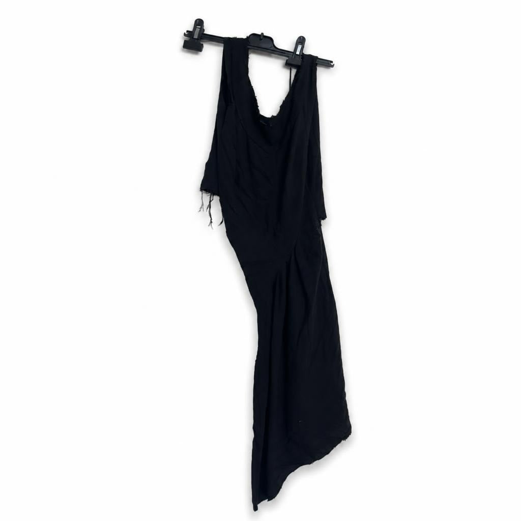 Black asymmetric raw-edge draped mini dress - white studio shot, second-hand at Why Go Less, Dekwaneh, Lebanon