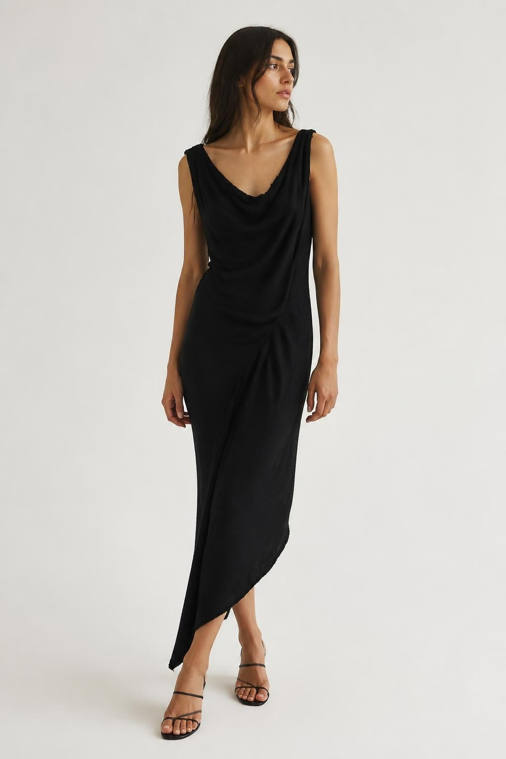 Black asymmetric raw-edge draped mini dress | Pre-Loved | Why Go Less