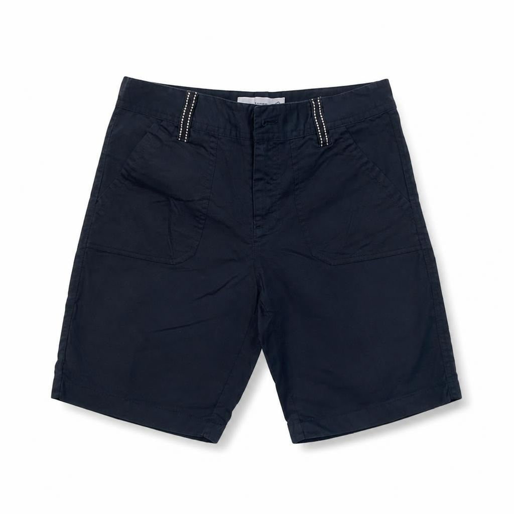 Navy blue chino shorts with stud detail, S/M - white studio shot, second-hand at Why Go Less, Dekwaneh, Lebanon