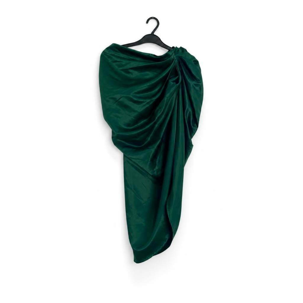 Emerald green draped satin midi skirt - white studio shot, second-hand at Why Go Less, Dekwaneh, Lebanon