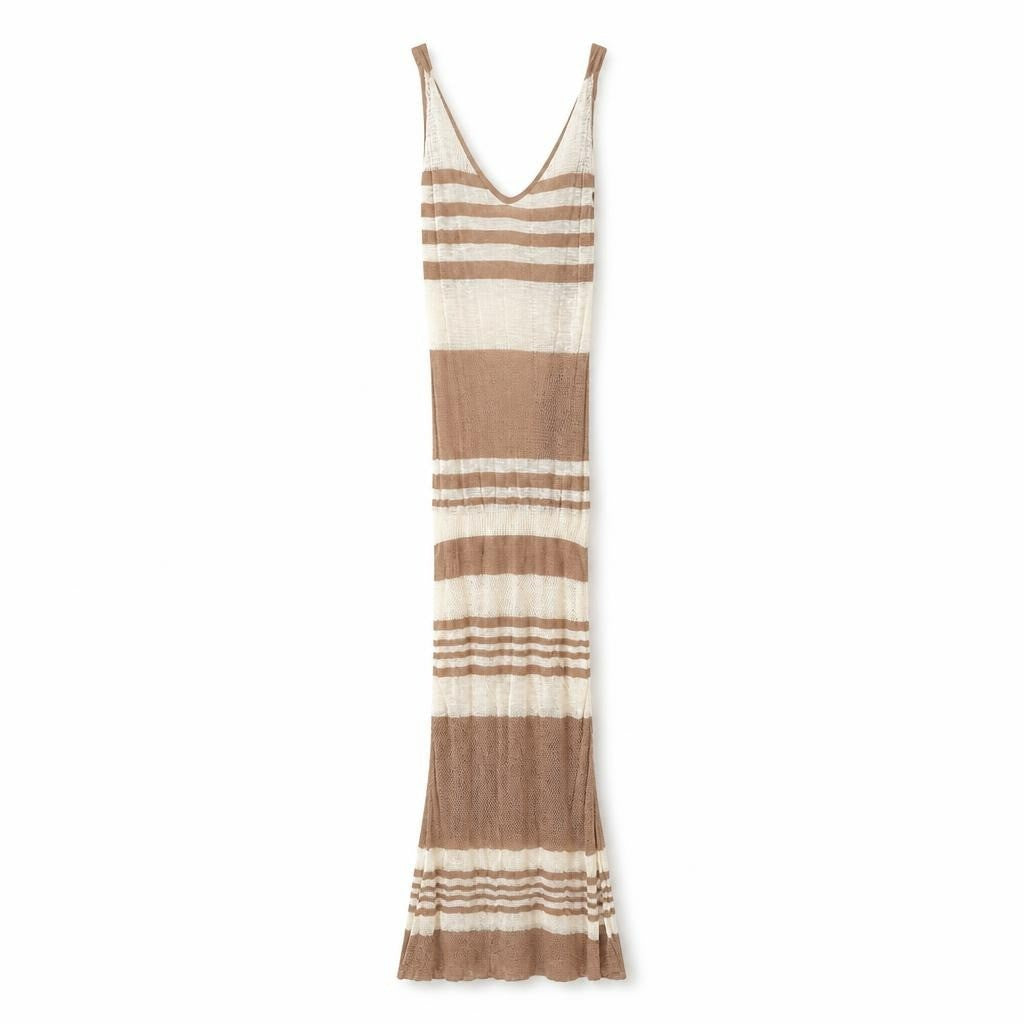 Striped knit open-weave maxi dress, nude/beige - white studio shot, second-hand at Why Go Less, Dekwaneh, Lebanon
