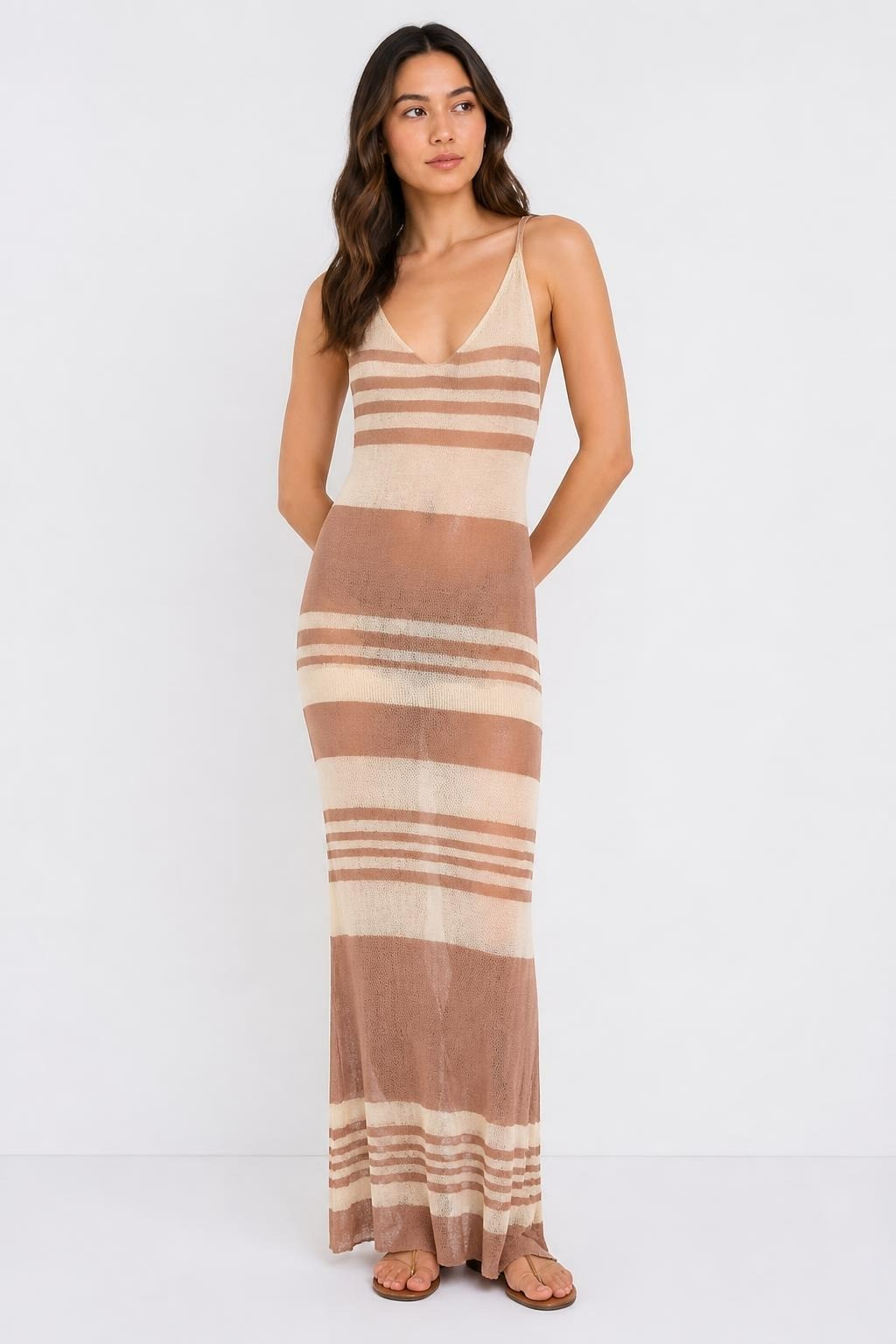 Striped knit open-weave maxi dress, nude/beige | Pre-Loved | Why Go Less
