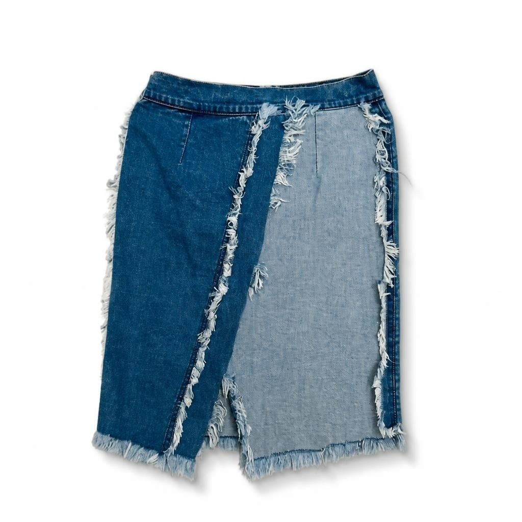 Two-tone denim frayed asymmetric mini skirt - white studio shot, second-hand at Why Go Less, Dekwaneh, Lebanon