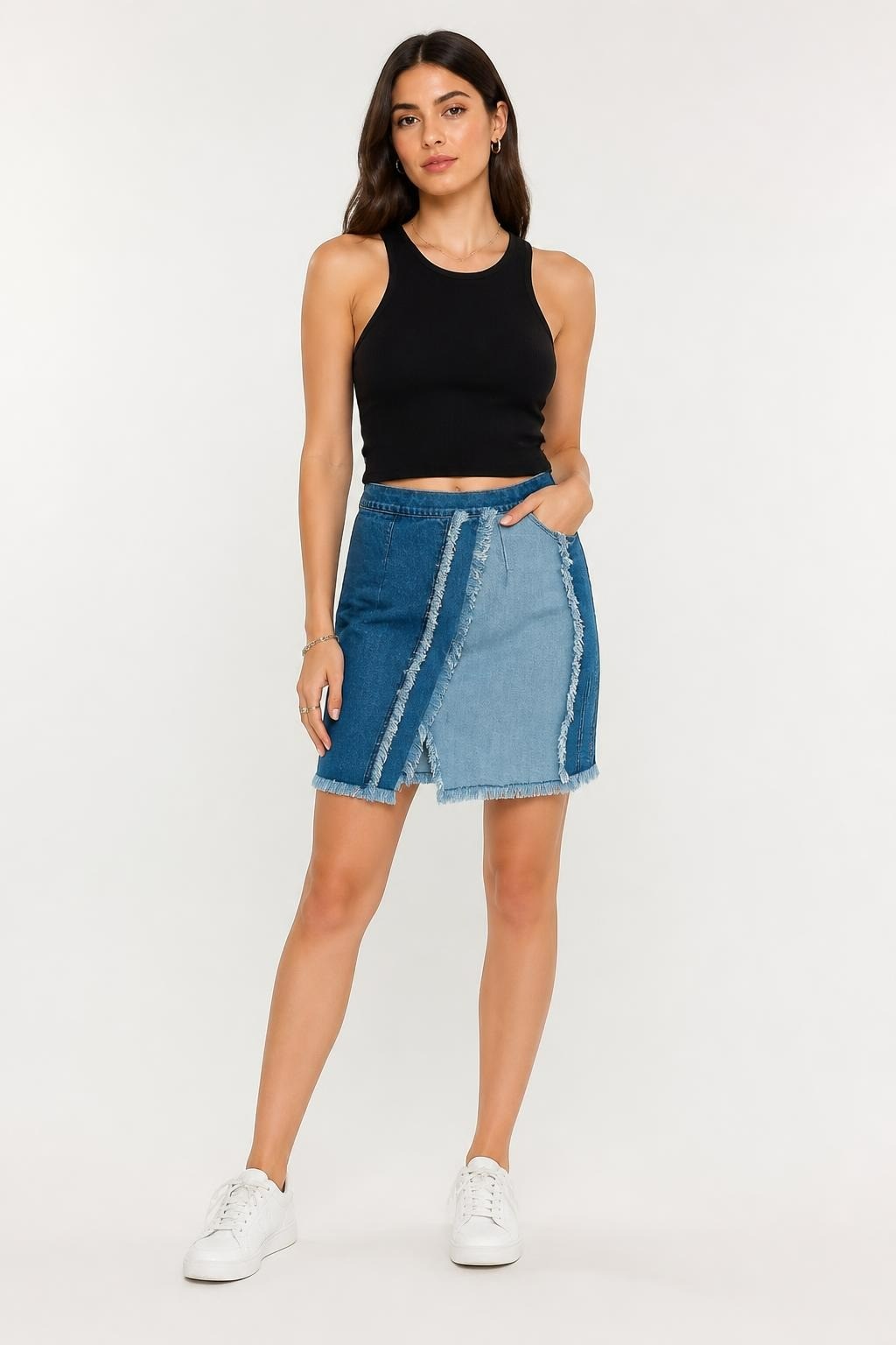Two-tone denim frayed asymmetric mini skirt | Pre-Loved | Why Go Less