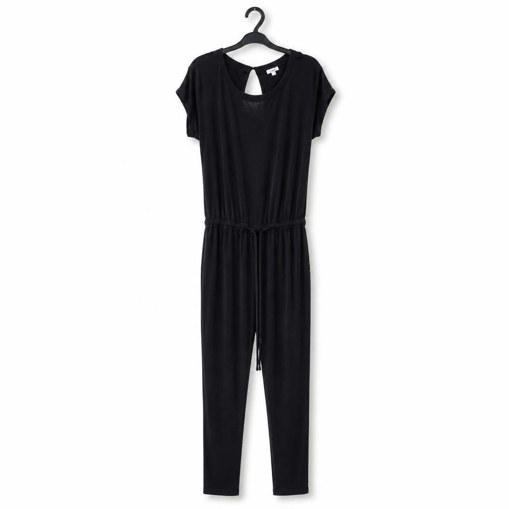 Black short-sleeve drawstring jumpsuit, S/M - white studio shot, second-hand at Why Go Less, Dekwaneh, Lebanon