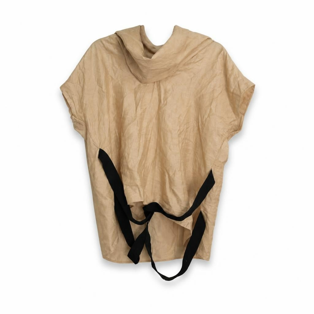Beige cowl-neck sleeveless top with black belt - white studio shot, second-hand at Why Go Less, Dekwaneh, Lebanon