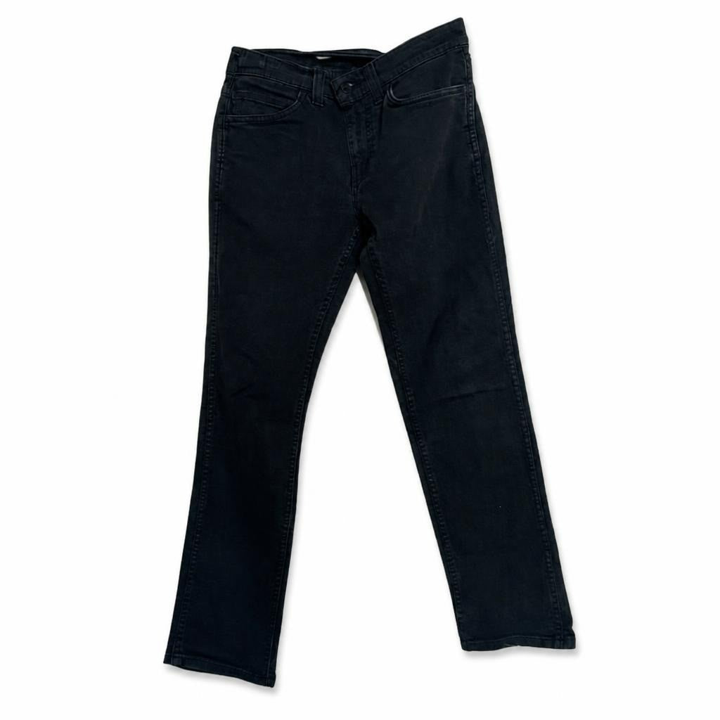 Black straight-leg denim jeans, mid-rise - white studio shot, second-hand at Why Go Less, Dekwaneh, Lebanon