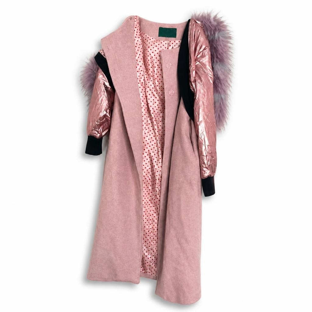Pink statement coat fur trim metallic sleeves - white studio shot, second-hand at Why Go Less, Dekwaneh, Lebanon