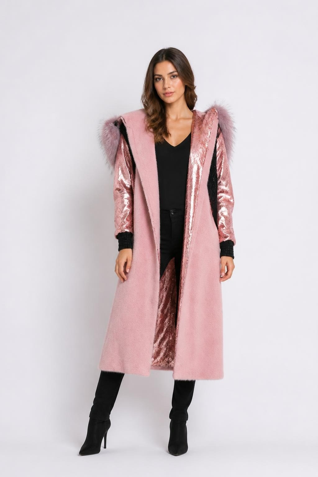 Pink statement coat fur trim metallic sleeves | Pre-Loved | Why Go Less