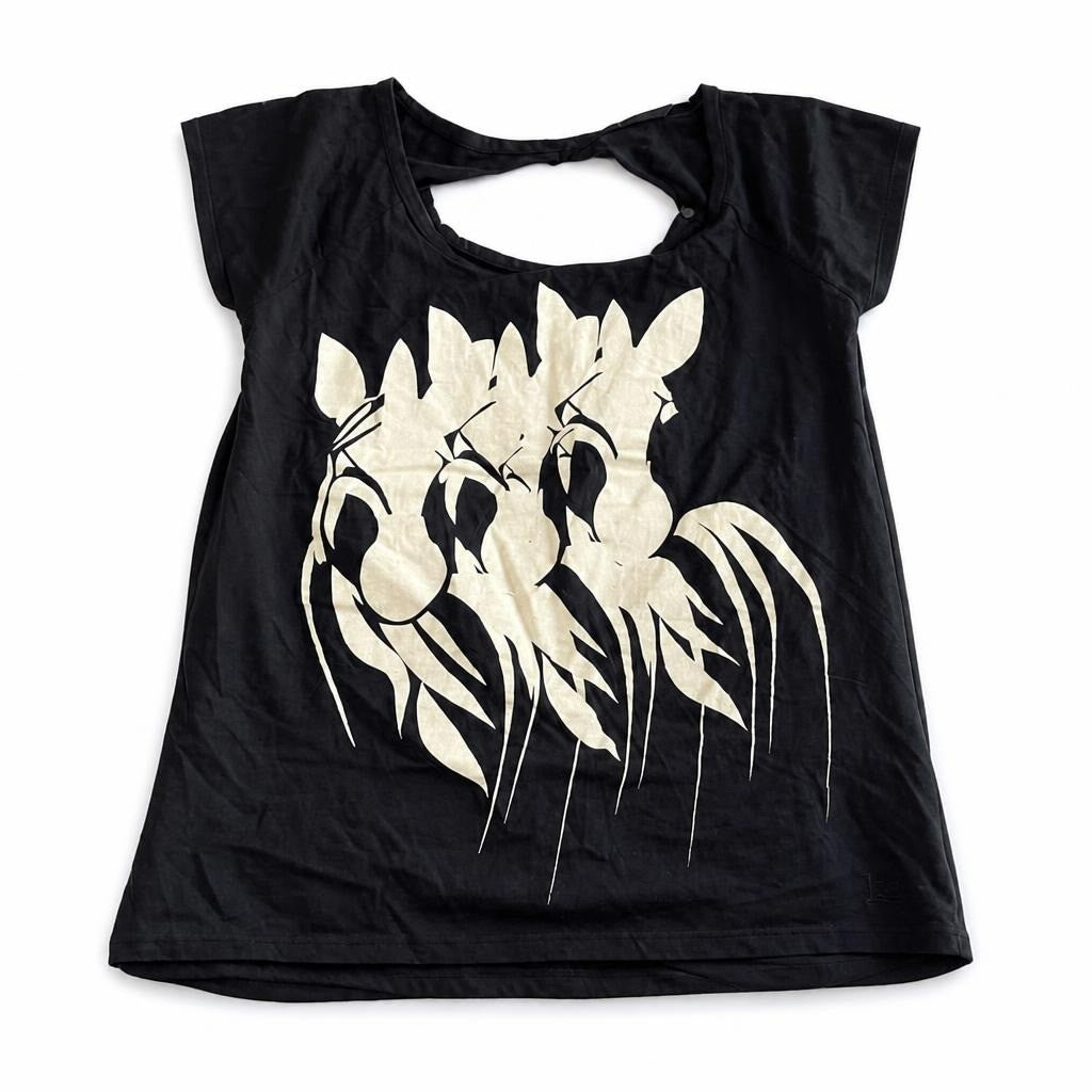 Black graphic tee gold flamingo print open back - white studio shot, second-hand at Why Go Less, Dekwaneh, Lebanon