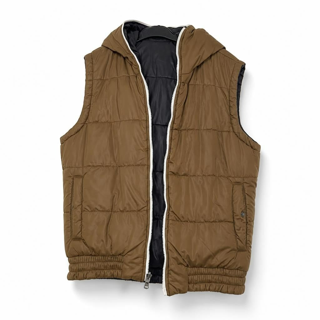 Original Marines khaki puffer vest with hood - white studio shot, second-hand at Why Go Less, Dekwaneh, Lebanon