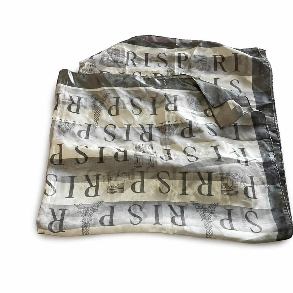 Paris-print sheer grey silk-feel scarf large - white studio shot, second-hand at Why Go Less, Dekwaneh, Lebanon