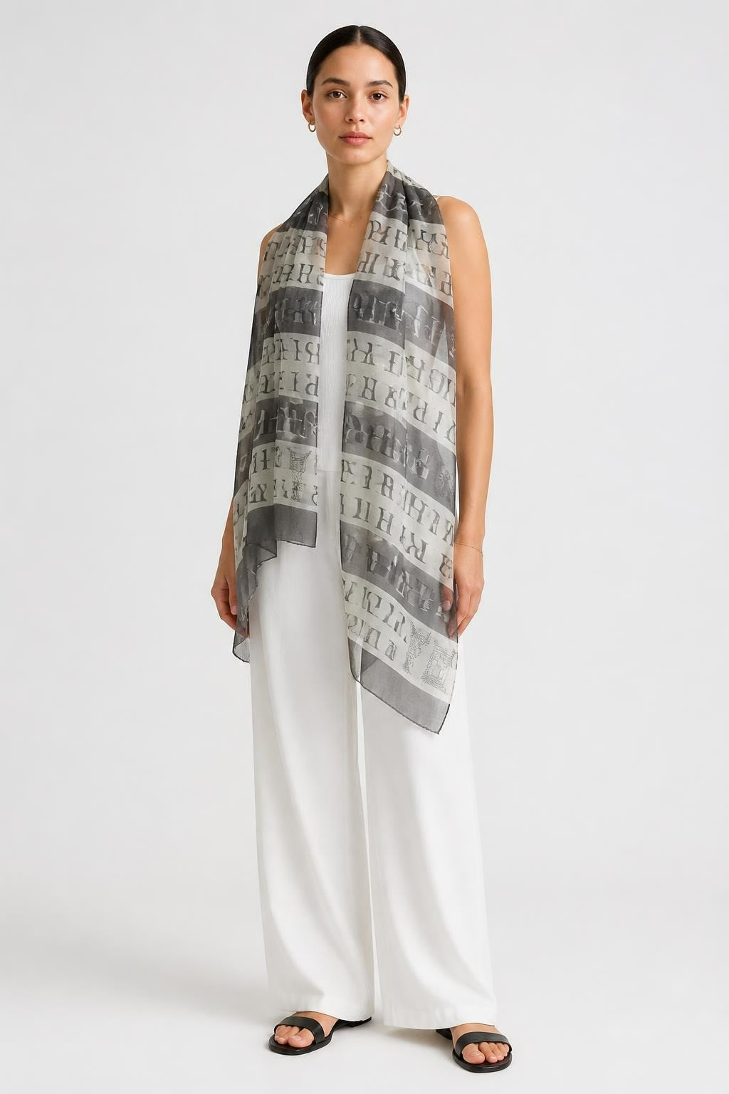 Paris-print sheer grey silk-feel scarf large | Pre-Loved | Why Go Less-1
