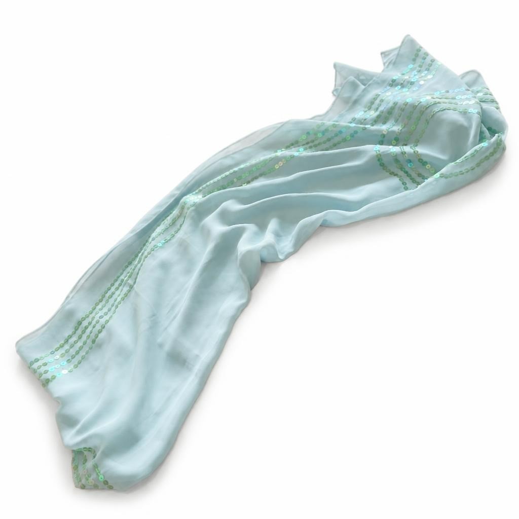 Light blue chiffon sequin-trim shawl scarf - white studio shot, second-hand at Why Go Less, Dekwaneh, Lebanon