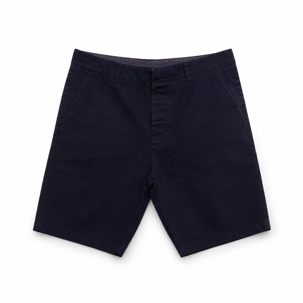 Navy blue chino shorts men casual - white studio shot, second-hand at Why Go Less, Dekwaneh, Lebanon
