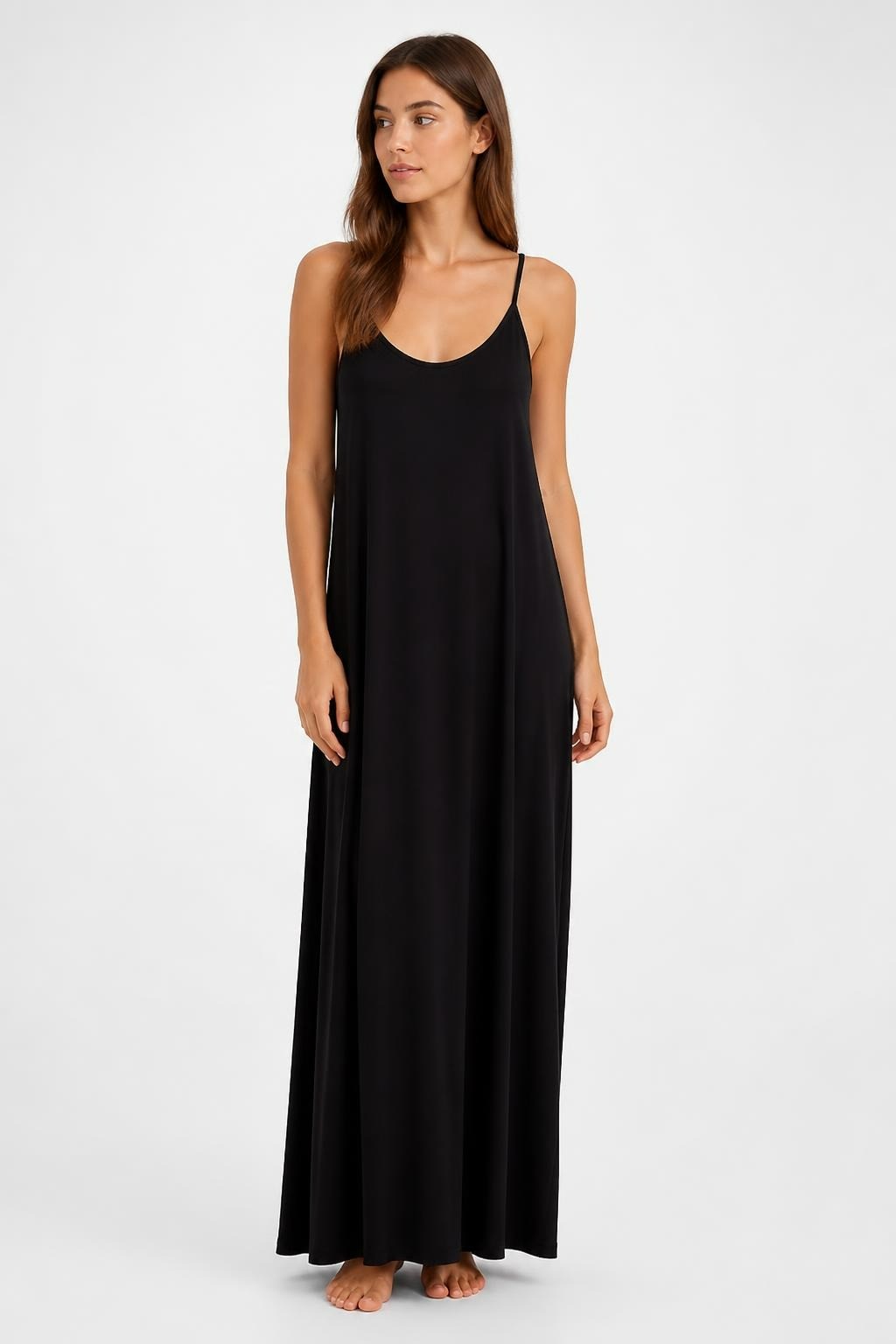 Black maxi slip dress, spaghetti straps, flowy | Pre-Loved | Why Go Less