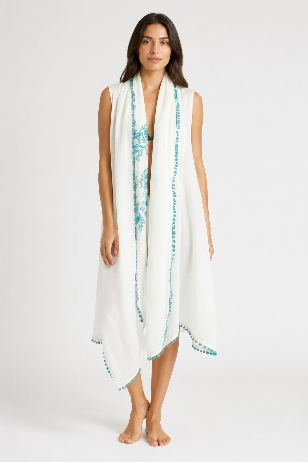 White blue embroidered kimono wrap with pom-poms | Pre-Loved | Why Go Less