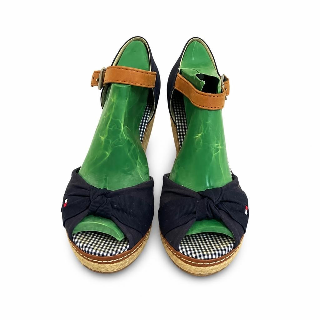 Tommy Hilfiger navy wedge sandals w/ bow detail - white studio shot, second-hand at Why Go Less, Dekwaneh, Lebanon