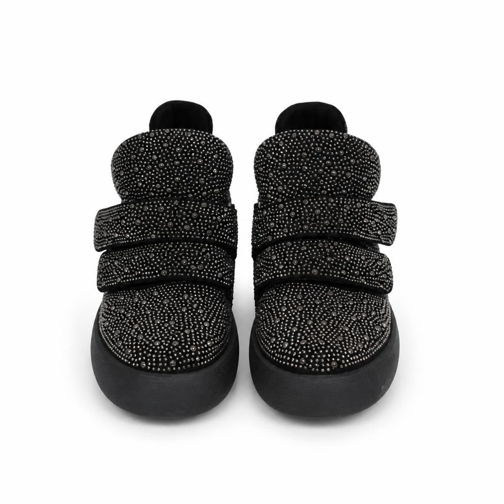 Black rhinestone embellished velcro sneakers - white studio shot, second-hand at Why Go Less, Dekwaneh, Lebanon