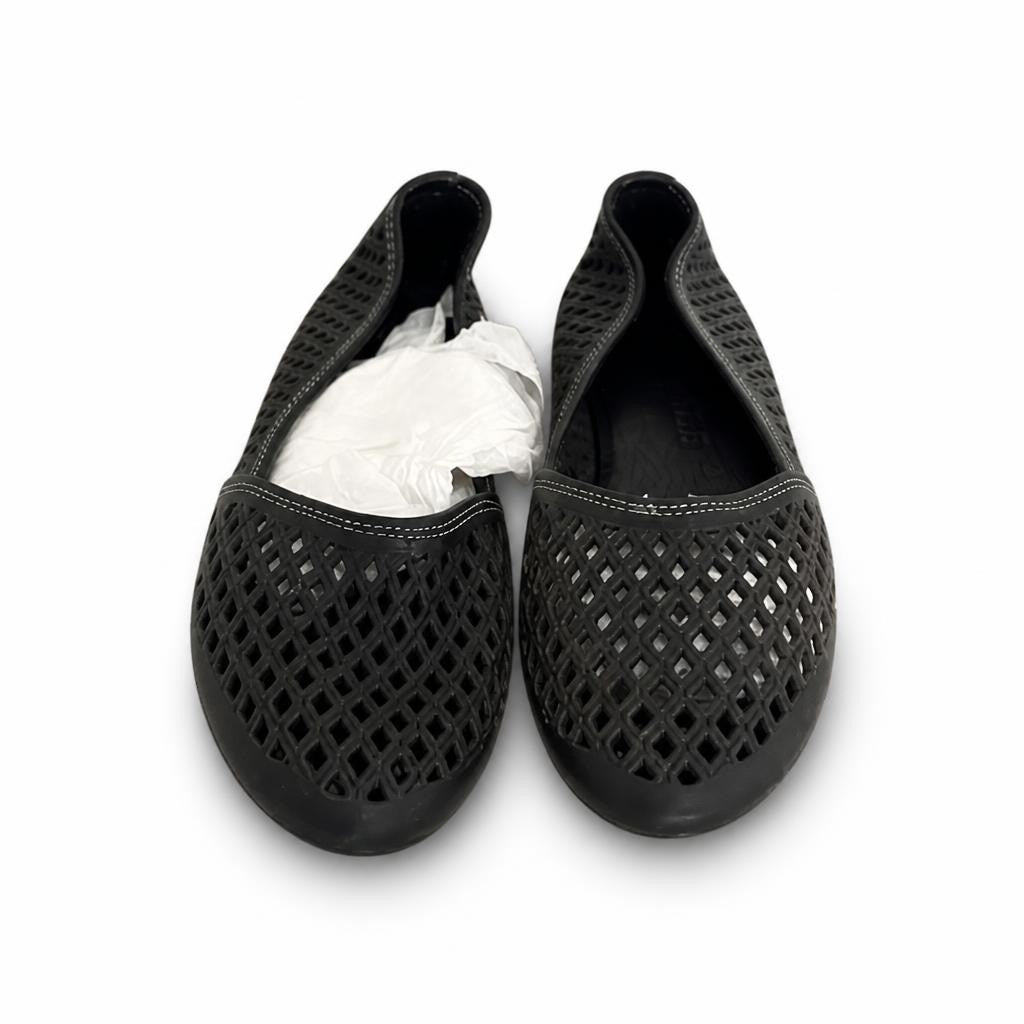 Black perforated rubber ballet flats, stuffed - white studio shot, second-hand at Why Go Less, Dekwaneh, Lebanon