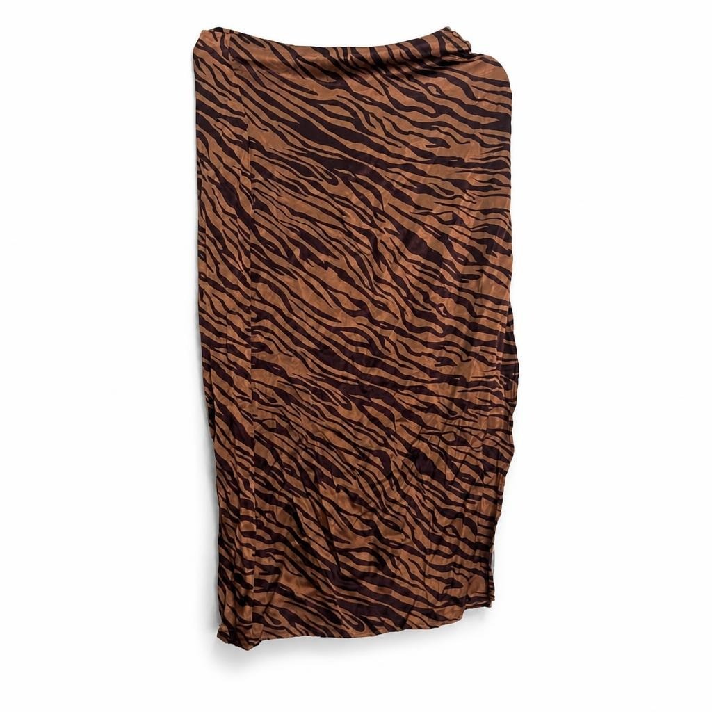 Tiger-print midi wrap skirt, brown/black - white studio shot, second-hand at Why Go Less, Dekwaneh, Lebanon