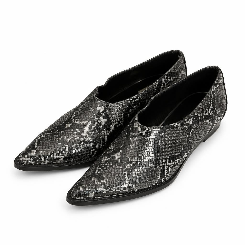Snake-print pointed ankle boots, grey/black - white studio shot, second-hand at Why Go Less, Dekwaneh, Lebanon