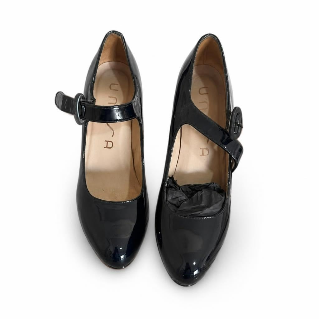 Unisa Navy Patent Mary Jane Heels - white studio shot, second-hand at Why Go Less, Dekwaneh, Lebanon