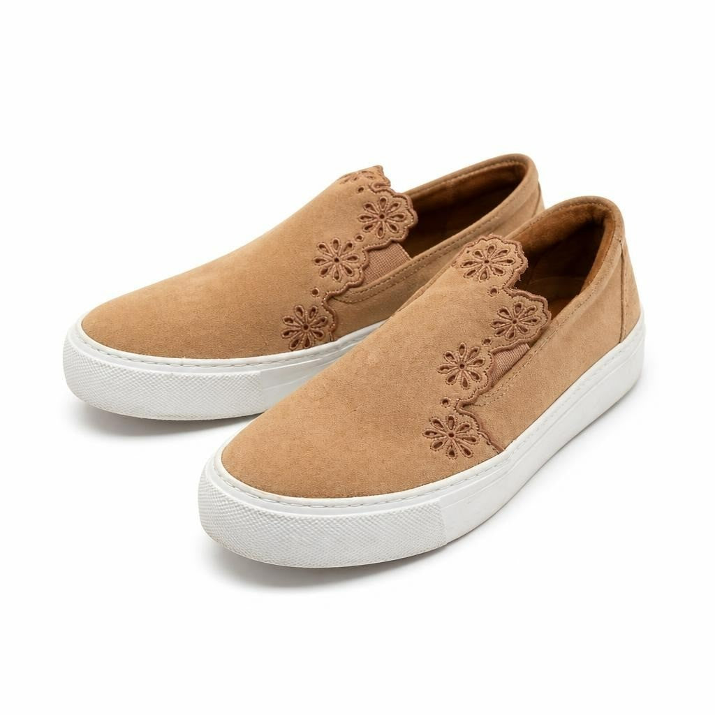 Tan Suede Floral Embroidered Slip-On Sneakers - white studio shot, second-hand at Why Go Less, Dekwaneh, Lebanon