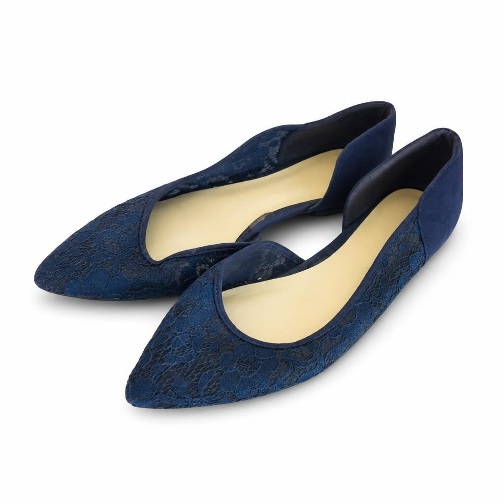 Blue lace pointed-toe flats, new with tags - white studio shot, second-hand at Why Go Less, Dekwaneh, Lebanon