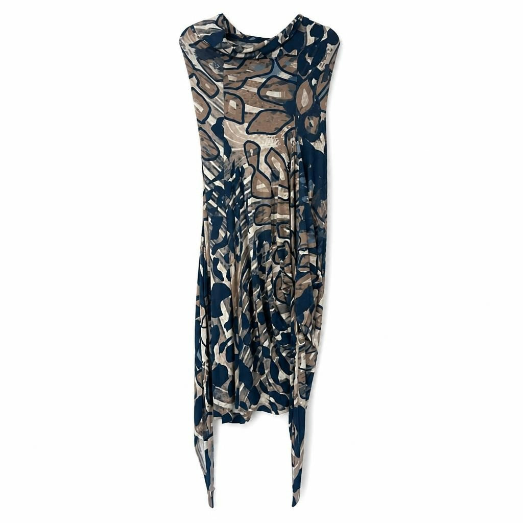 Abstract print sleeveless midi dress, blue/brown - white studio shot, second-hand at Why Go Less, Dekwaneh, Lebanon