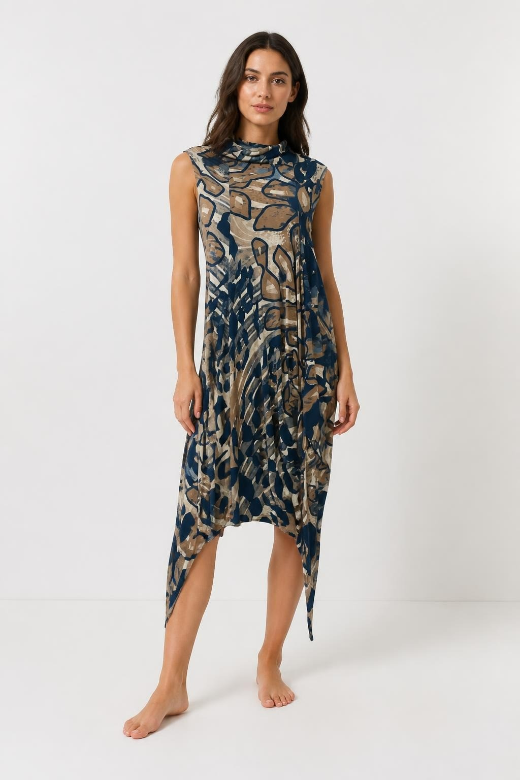 Abstract print sleeveless midi dress, blue/brown | Pre-Loved | Why Go Less