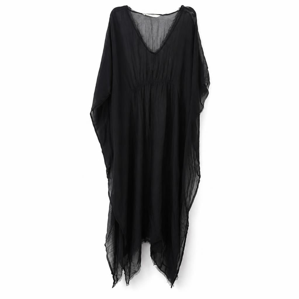 Black sheer kaftan cover-up dress, flowing - white studio shot, second-hand at Why Go Less, Dekwaneh, Lebanon