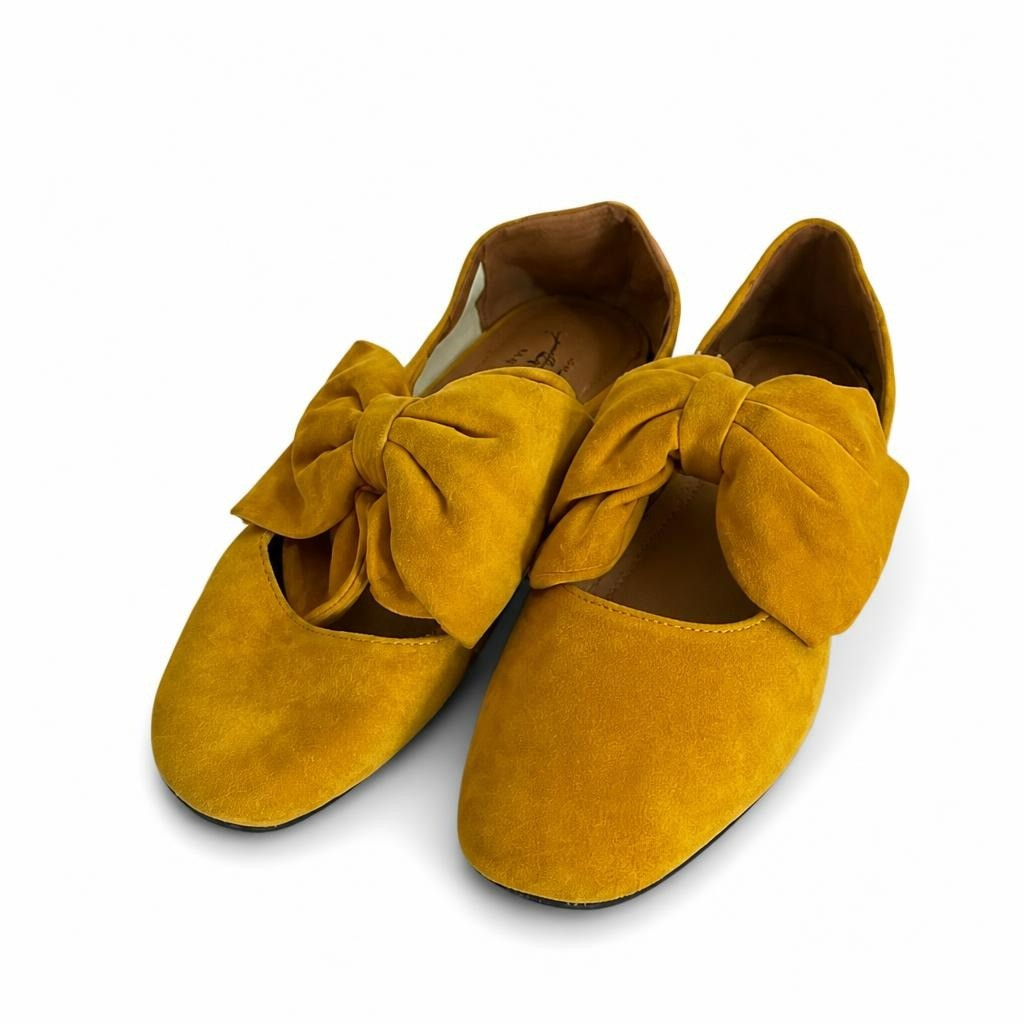 Mustard yellow suede bow ballet flats - white studio shot, second-hand at Why Go Less, Dekwaneh, Lebanon