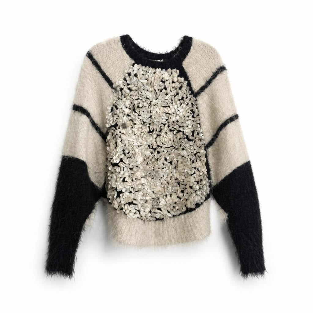 Fuzzy striped knit sweater with floral sequin detail - white studio shot, second-hand at Why Go Less, Dekwaneh, Lebanon