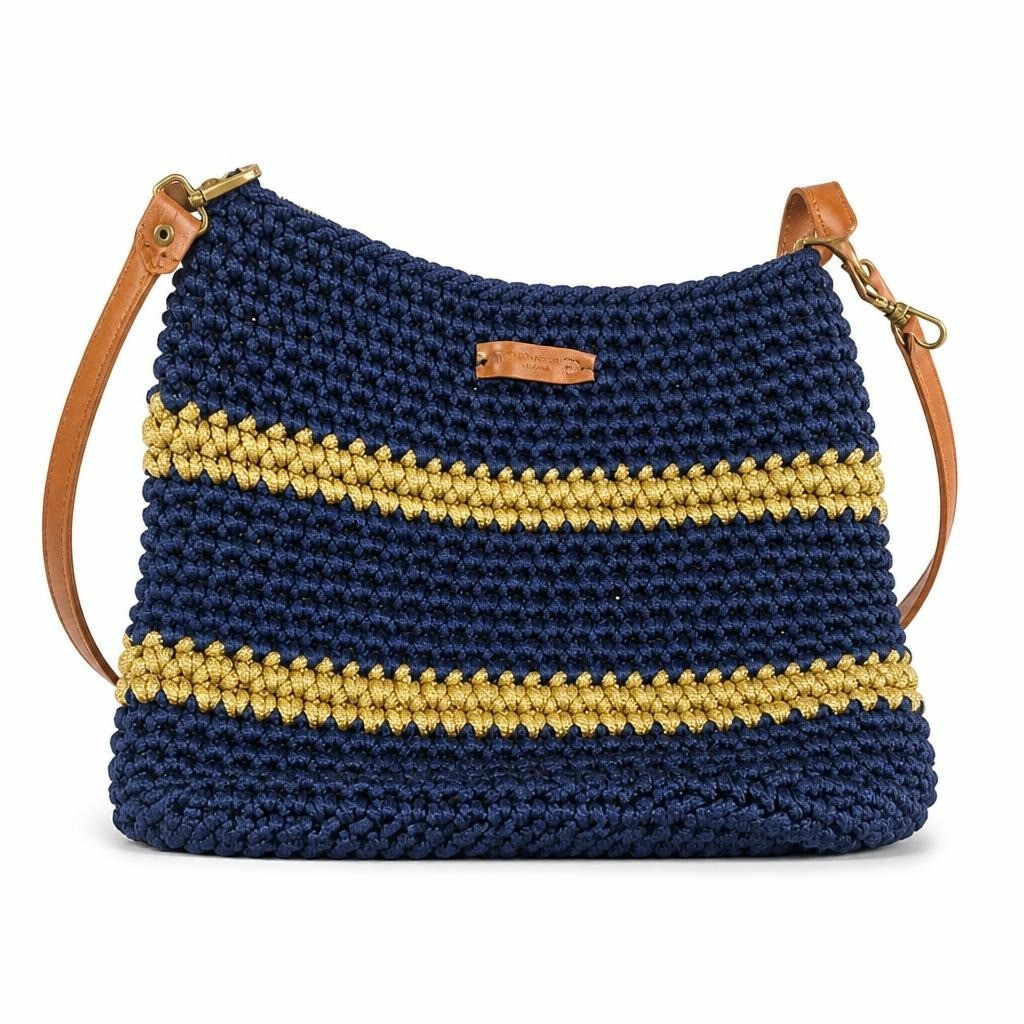 Handmade crochet navy & gold crossbody bag tan strap - white studio shot, second-hand at Why Go Less, Dekwaneh, Lebanon