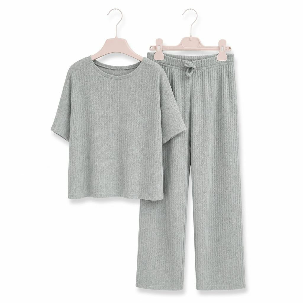 Sage green ribbed knit matching top & wide-leg pants set - white studio shot, second-hand at Why Go Less, Dekwaneh, Lebanon