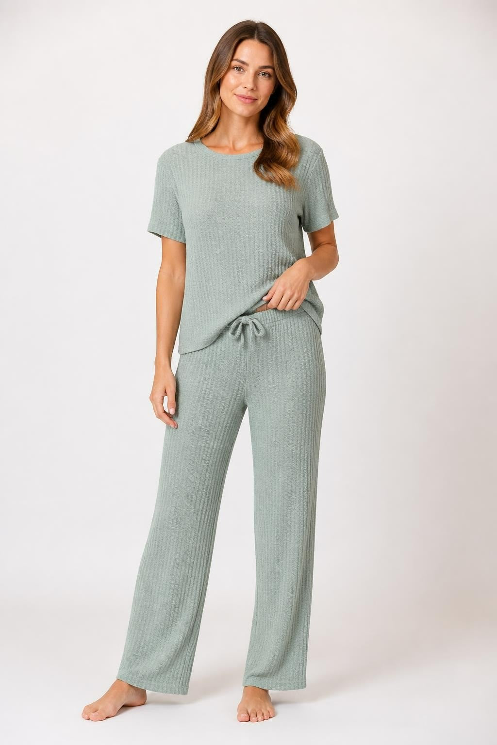 Sage green ribbed knit matching top & wide-leg pants set | Pre-Loved | Why Go Less