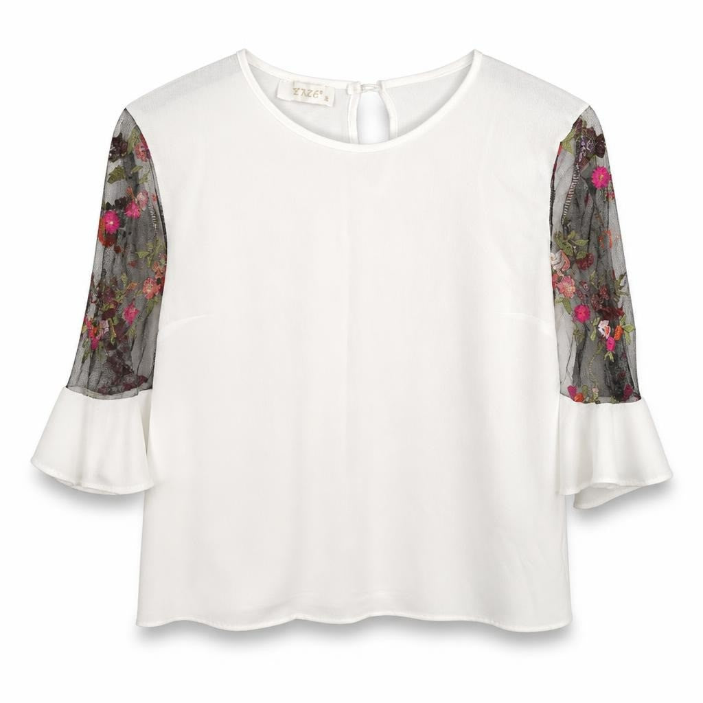 White chiffon top floral embroidered mesh sleeves YMZ - white studio shot, second-hand at Why Go Less, Dekwaneh, Lebanon